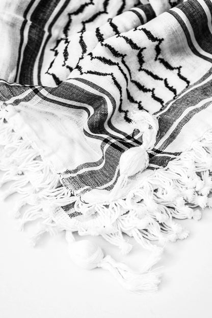 Hirbawi Authentic Original Black and White Kufiya in stock shemagh keffiyeh filistine hebron hatta palestine palestinian real palestinian-owned scarf west bank cultural cotton threaded real hirbawi in stock